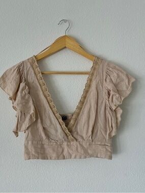 Zara Blush Lace-Trim Ruffle Sleeve Crop Top